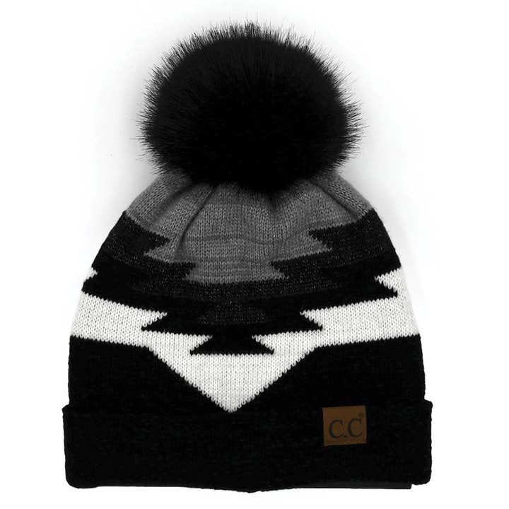 Fashion City - Wholesale Beanie - Women's - Aztec Pattern Beanie with Natural Pom-Pom