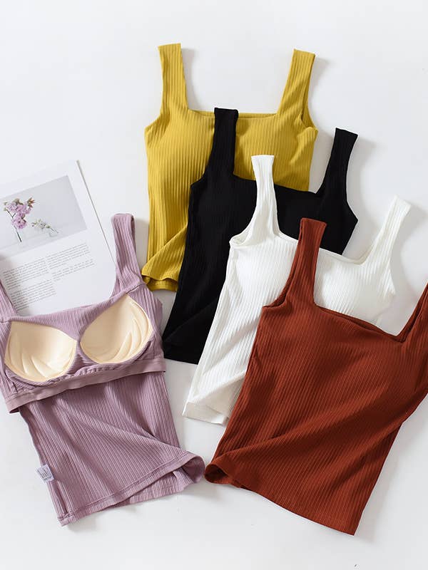 Daily Basic cotton blend rib square neck tank top with bra for wholesale by Rosa Clothing