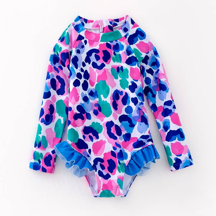 Girls Summer Colorful Print Blue Pink One-Piece Swimsuit for wholesale by Auraquise