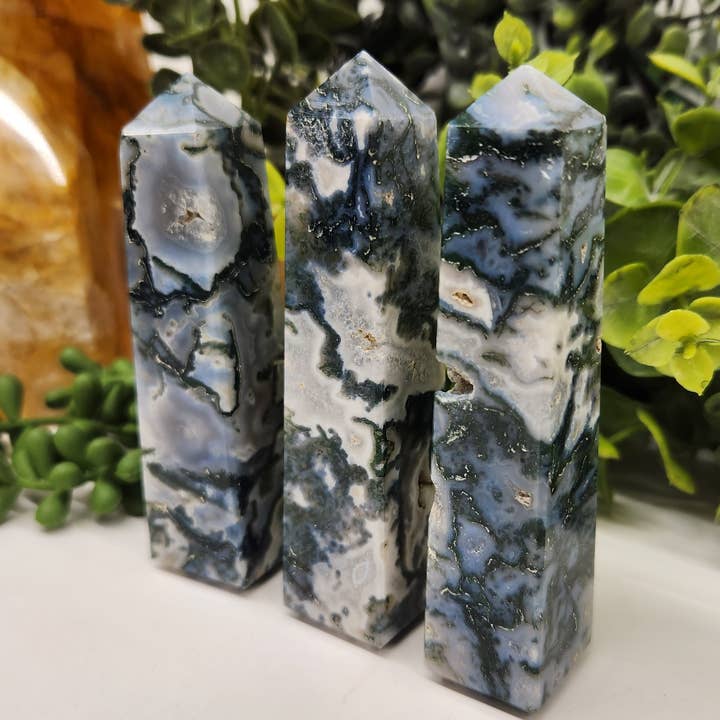 Meraki Gemstones - Wholesale Spiritual Stone/Crystal - Moss Agate 4-Sided Tower (Approx. 3.5-3.75"/8.9-9.5cm)