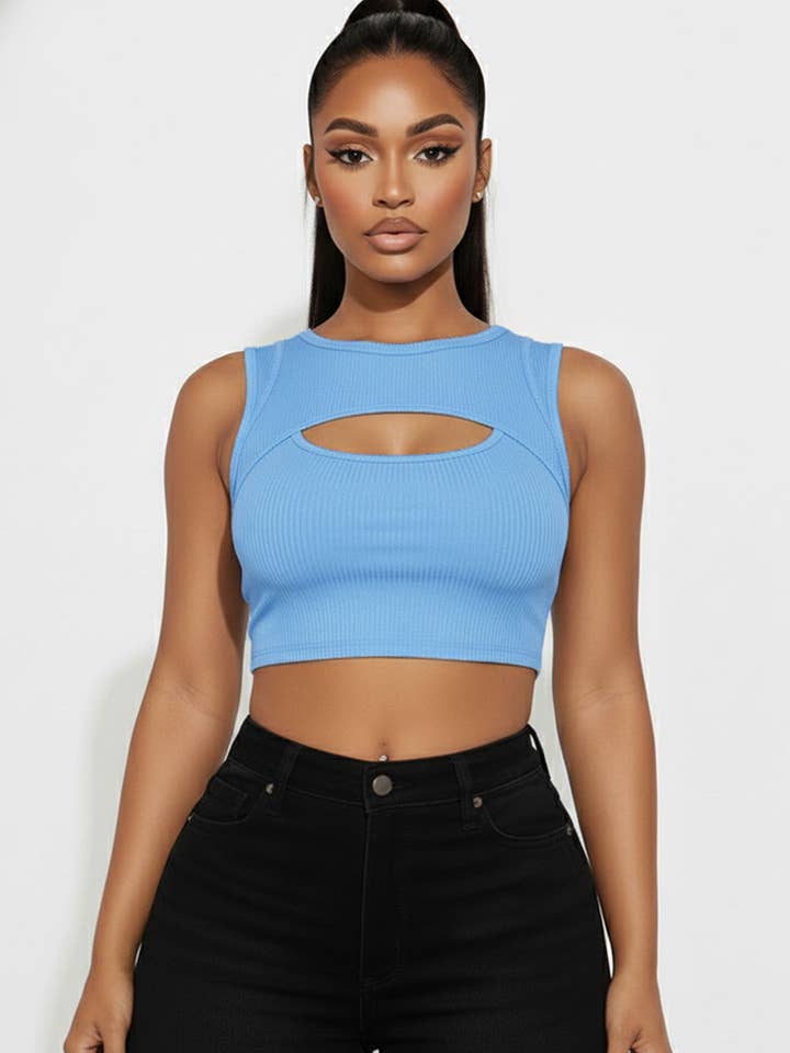 Top court côtelé à découpes sur le devant pour la vente par CAPELLA APPAREL