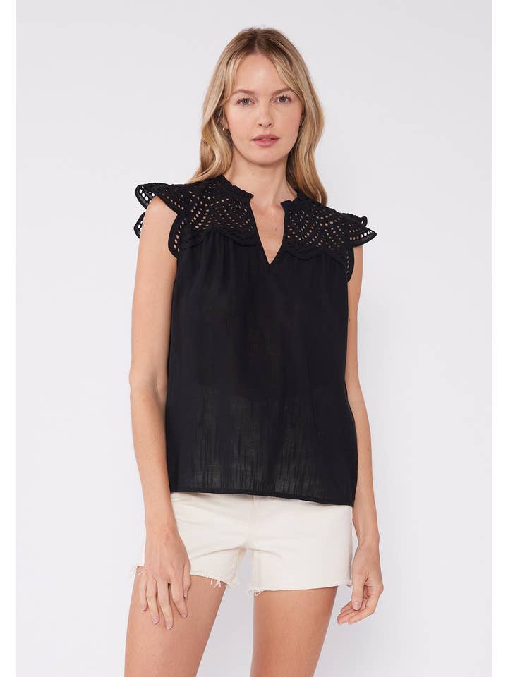 Lovestitch - Wholesale Blouse - Women's - Cotton Eyelet Cap Sleeve V Neck Top