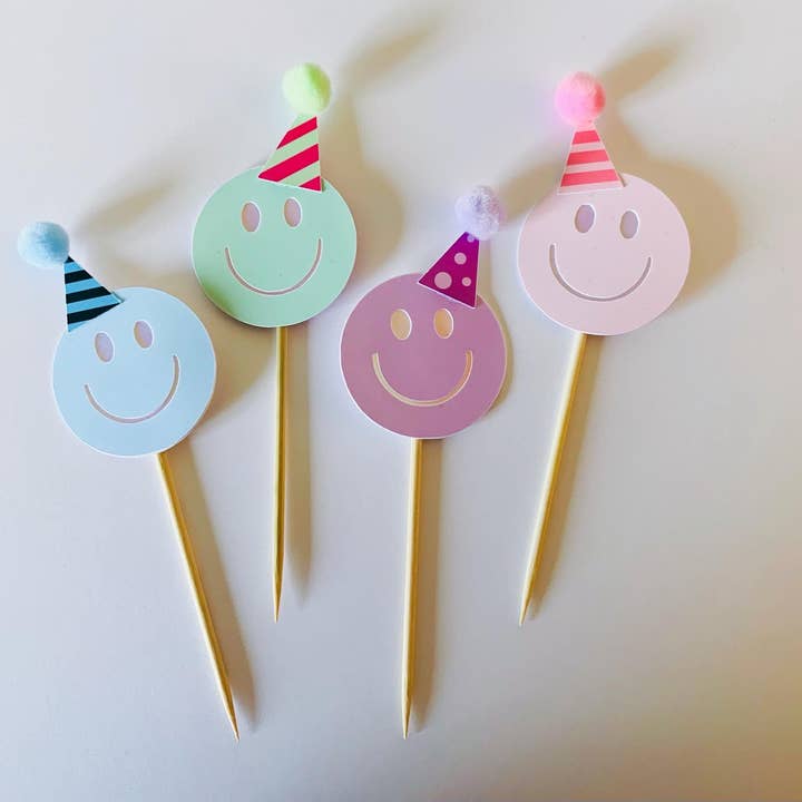 Smiley Emoji Birthday Cupcake Toppers & Party Decorations for wholesale by Uncouth Coco