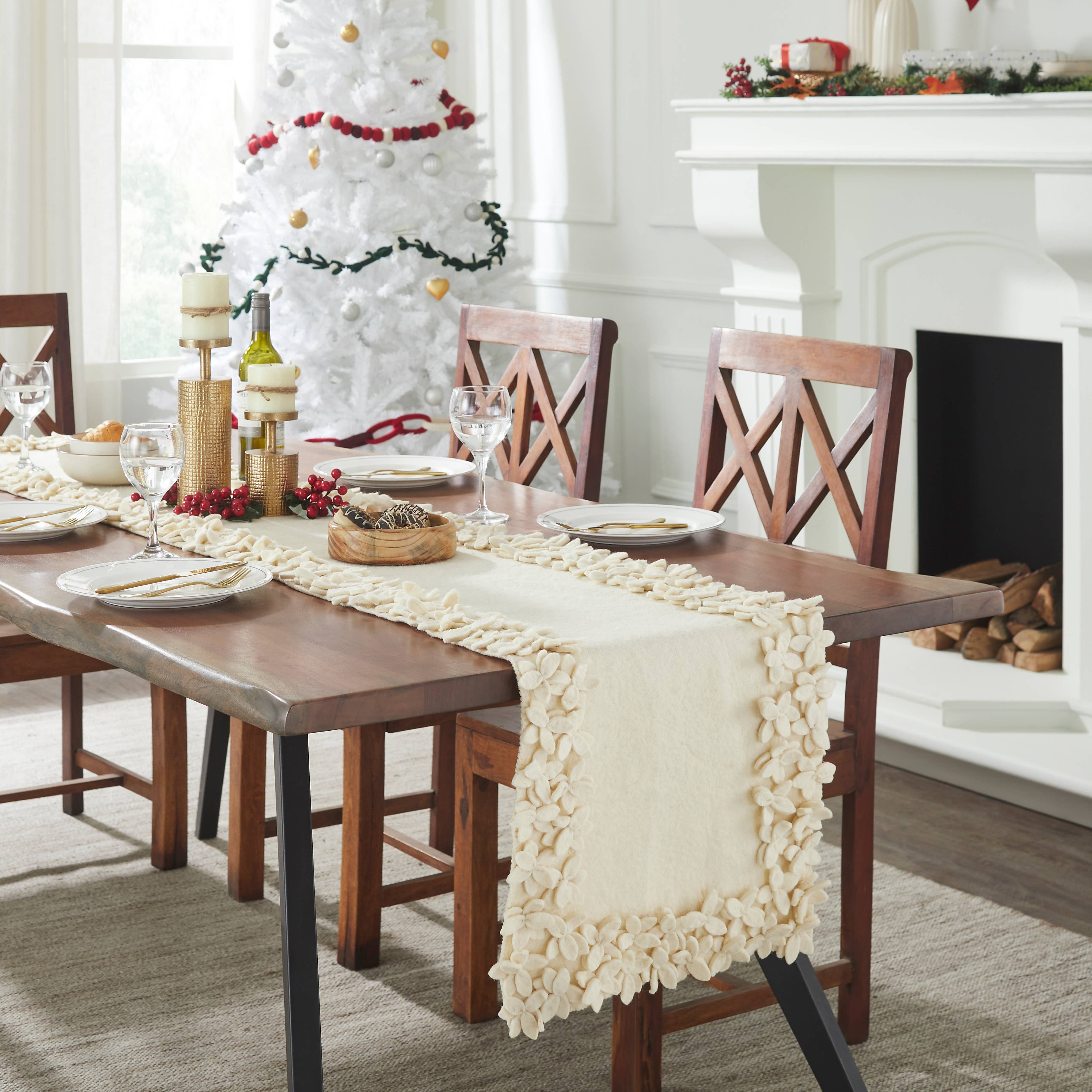 Arcadia Home - Wholesale Table Runner - Handmade Wool Floral Border Table Runner in Cream - 16" x 902