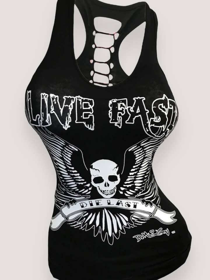 Demi Loon - Wholesale Tank top – Women′s - Live Fast Sexy Slashed Back Racerback Biker Tank0