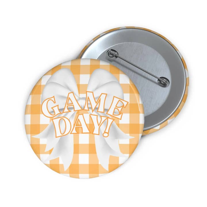 Game Day Bow Pin Button Orange Checkered for wholesale by KHins Designs