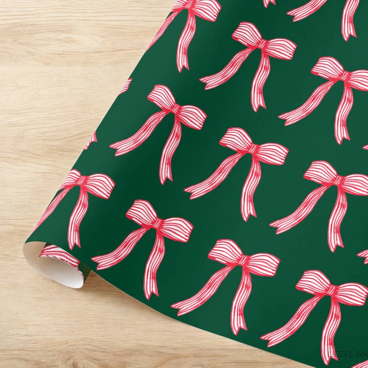 Red Striped Bow On Green Gift Wrap | Individual Sheets for wholesale by Liesel Anne Studios