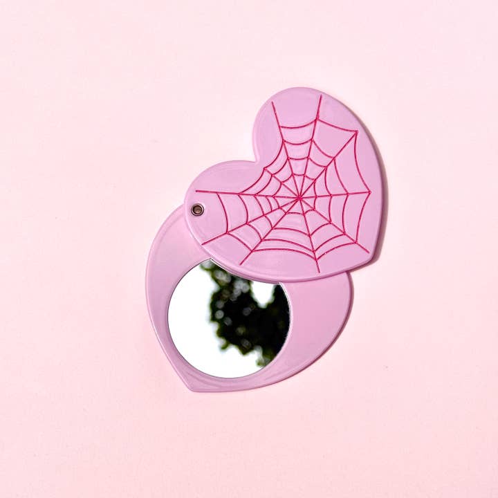 Pink Halloween Spider Web Pocket Mirror for wholesale by Peach Beast