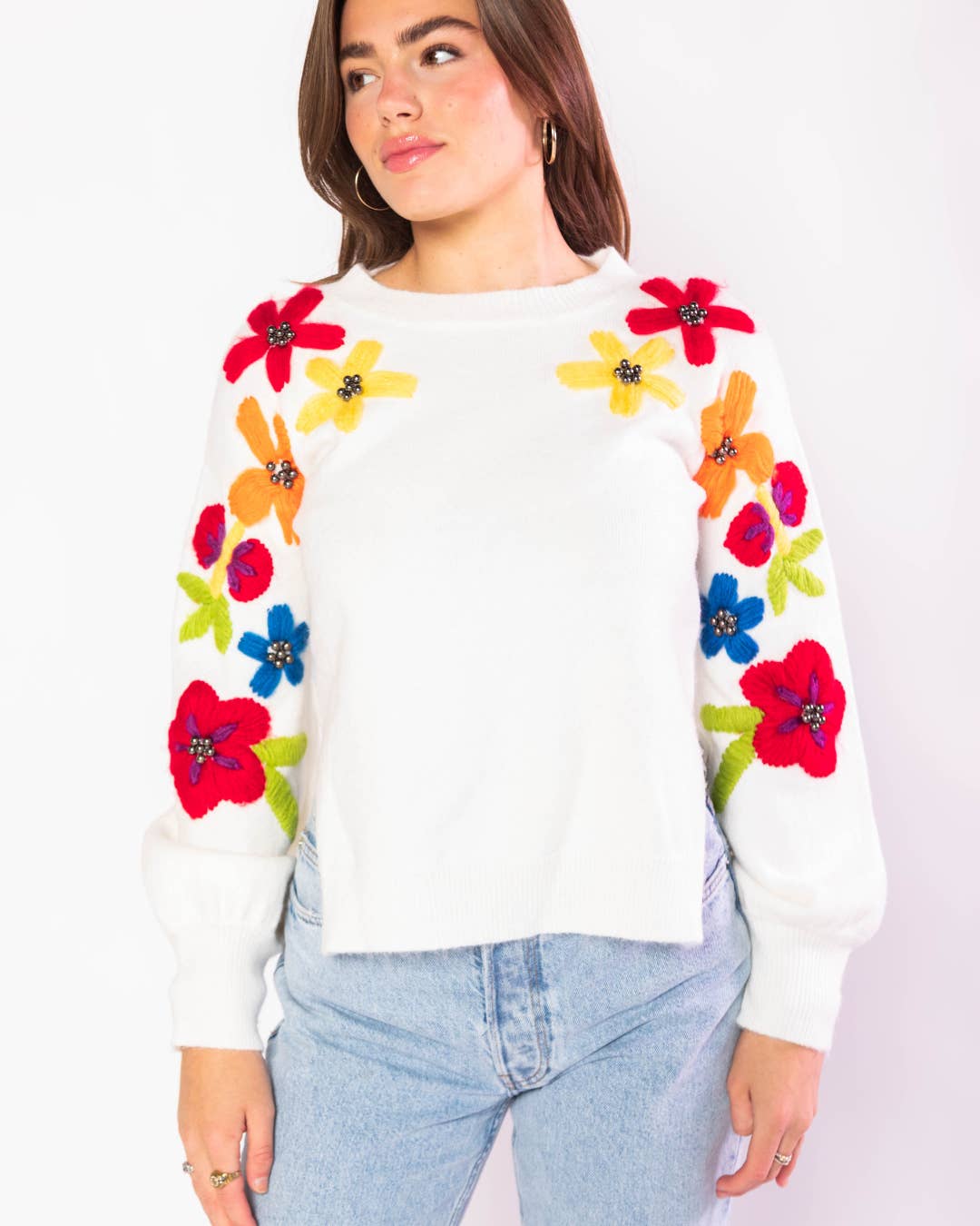 Molly Moran LLC - Wholesale Knit Sweater - Women's - Embroidered Floral Cream Sweater