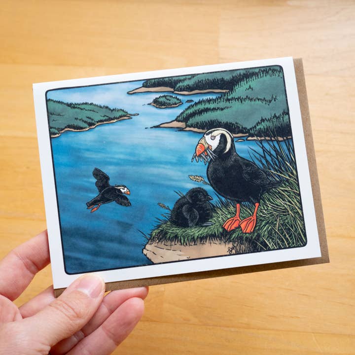 Tufted Puffin Greeting Card 100% Recycled Paper for wholesale by Laurel Mundy Illustration