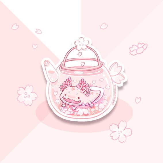 Thousand Skies - Wholesale Sticker - Vinyl Sticker (Transparent) Cherry Blossom Axolotl Tea