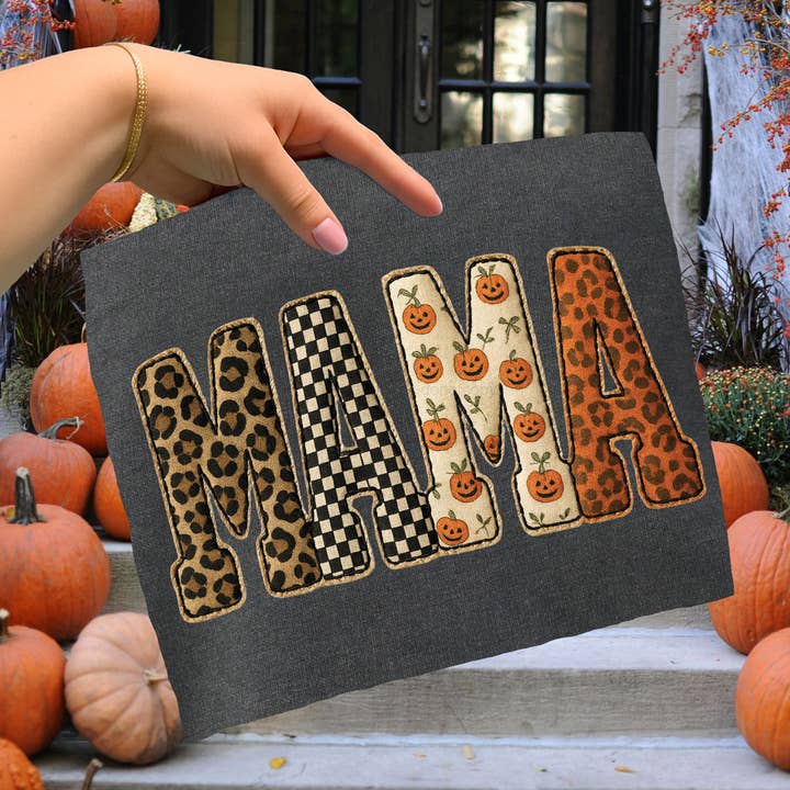 Halloween Patchwork Mama Faux Embroidery DTF Heat Transfer for wholesale by Trendy Transfers