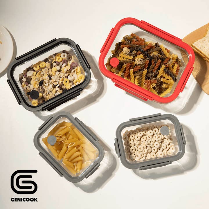 Genicook Product LLC - Wholesale Food Storage Container - Genicook Borosilicate Tempered Glass Food Storage Containers with Pro Grade Locking Glass Lids, Rectangle Shape - 8 pc Set (4 Containers -4 Matching Lids)