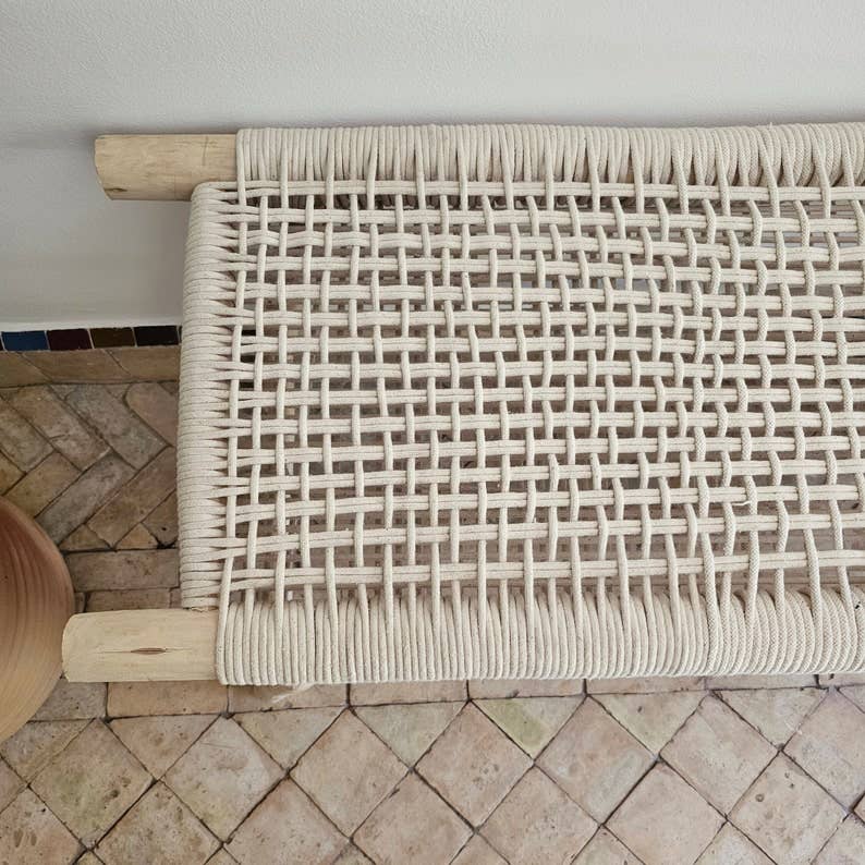 Melecraft - Vente Bancs - Banc marocain artisanal en bois d’eucalyptus avec corde beige4