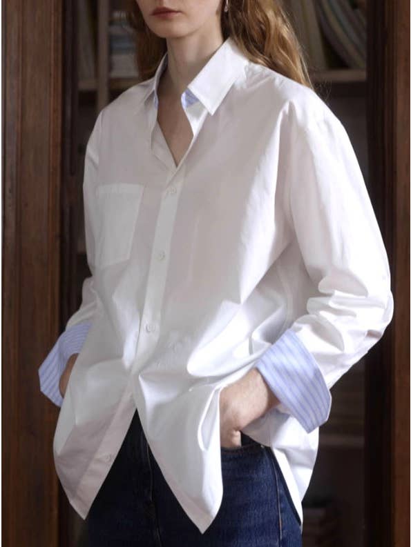 HIDDENBRAND - Wholesale Button Down Shirt - Women's - Vintage Contrasting Stripe Panel Shirt4