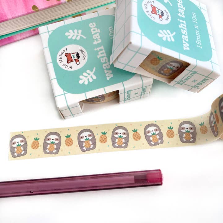 Pineapple Sloth Washi Tape. Yellow Bullet Journal Supplies for wholesale by Wild Whimsy Woolies