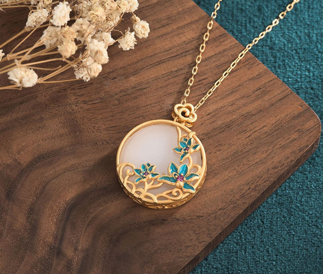 Bright MacMing - Wholesale Pendant/Charm Necklace - Blue Enamel Flowers on Jade Necklace1