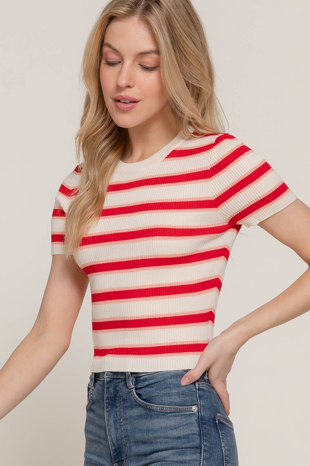 Active Basic | Active USA - Wholesale Knit Top - Women's - Short Sleeve Crew Neck Multi Stripe Spring Sweater14