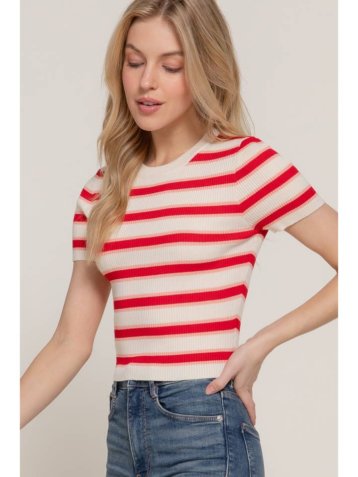 Active Basic | Active USA - Wholesale Knit Top - Women's - Short Sleeve Crew Neck Multi Stripe Spring Sweater14