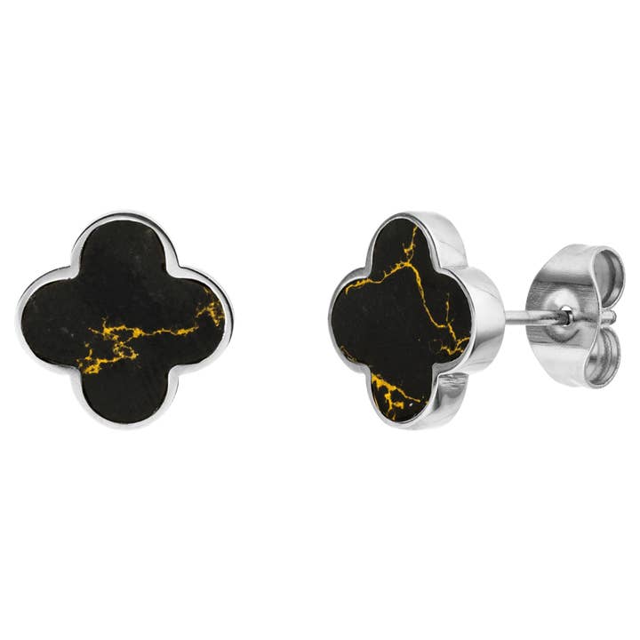 Schmuckgroßhandel - Wholesale Stud/Post Earrings - Black-Gold Clover Stud Earrings | 18K Gold Plated3