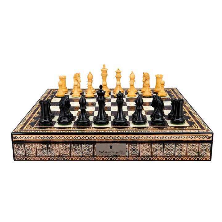 Ebony/Boxwood 105mm Weighted Chess Set with Mosaic Box for wholesale by Dal Rossi Italy