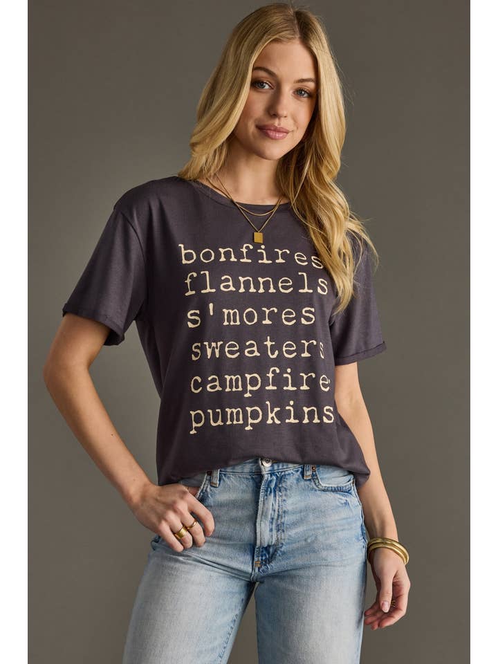 Panache Apparel Co. - Wholesale Screen Printed T-Shirt - Women's - Bonfires, Flannels, S'mores Tee - Charcoal
