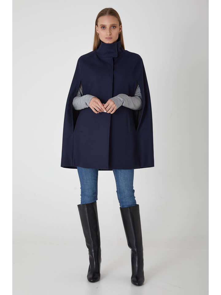 Allora - Wholesale Cape - Women's - Single Breasted Wool Cashmere Cape Coat - Ink