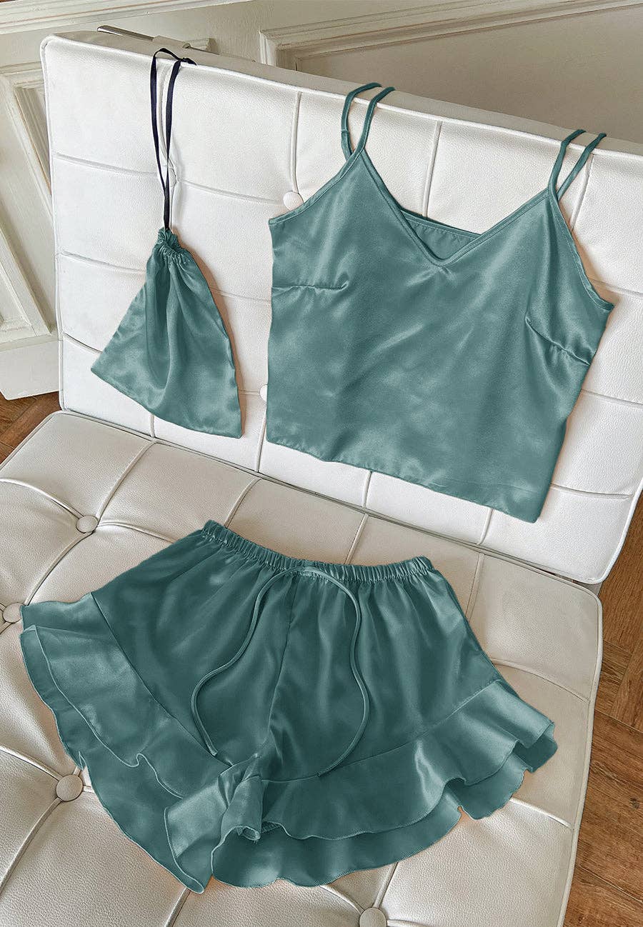 Anna Kaci Wholesale - Wholesale Lounge Set - Women's - Satin Tank and Ruffle Hem Shorts31