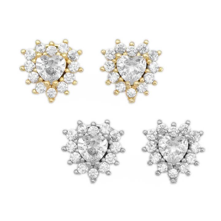 Gold Clear CZ Heart Stud Earrings, Sku#LX334 for wholesale by BestBeads&Beyond