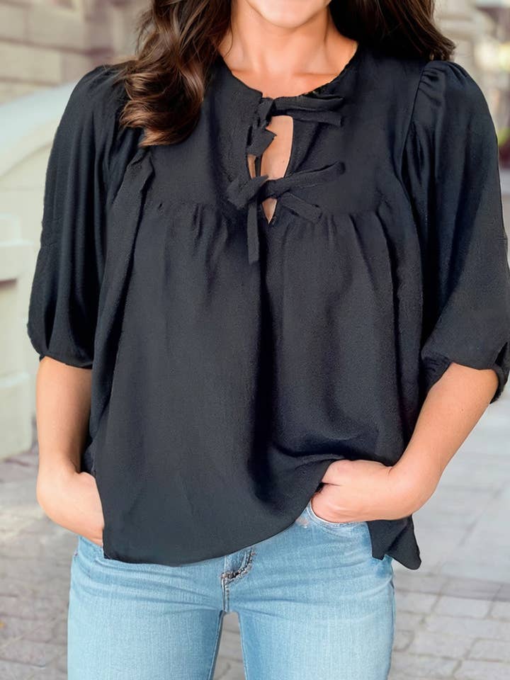 Bow Tie Neck 3/4 Sleeve Casual Blouse for wholesale by 1 the Woman