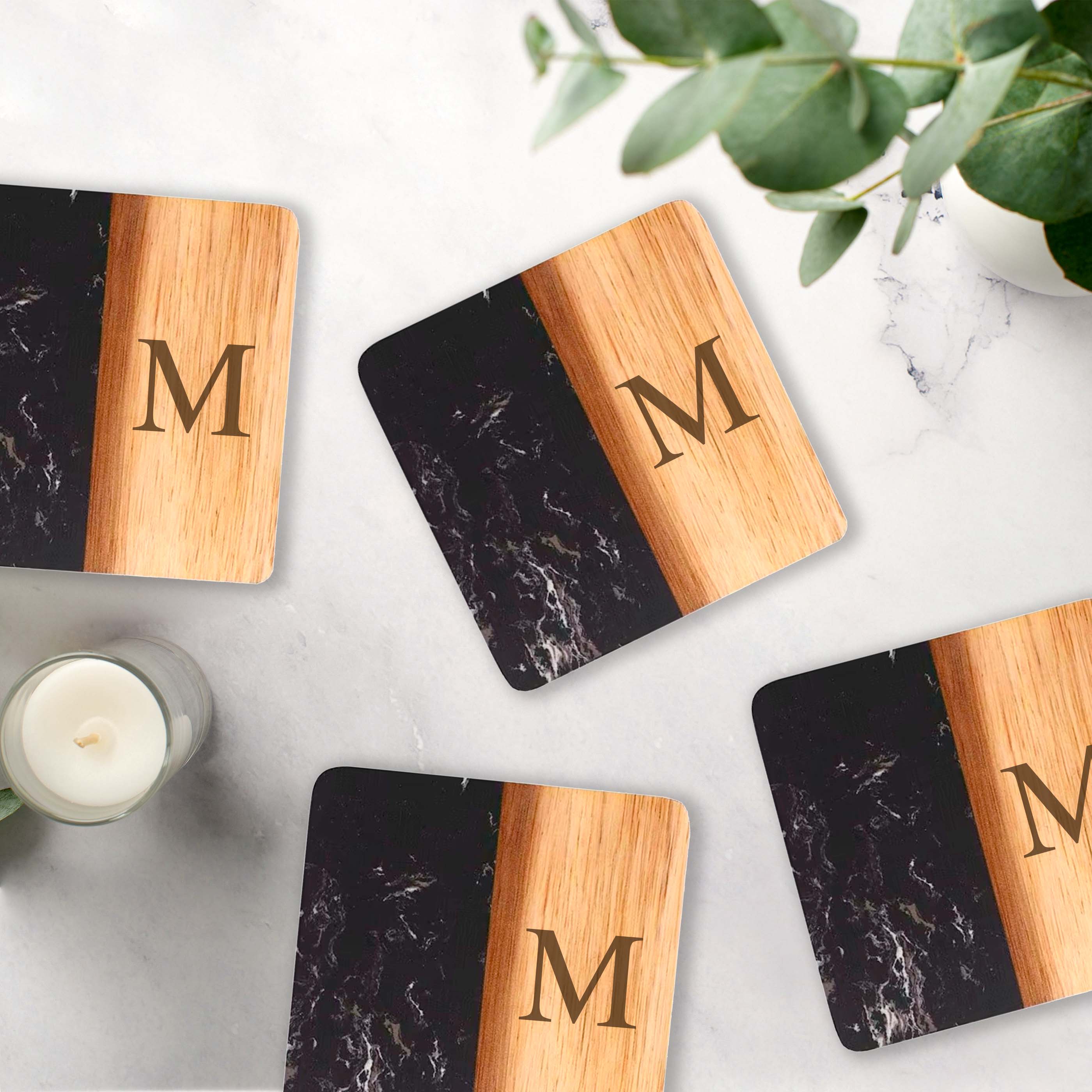 Creative Gifts International Inc. - Wholesale Coasters - Set Of 4 Black Marble and Acacia Wood 4" Square Coasters2