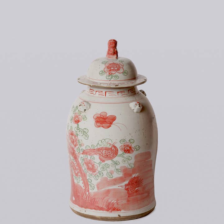 Cobalt Guild - Wholesale Decorative Jar - Pink and Green Porcelain Bird and Flower Temple Jar