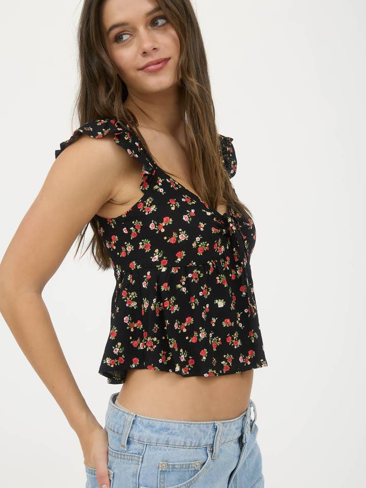 Blu Pepper - Wholesale Blouse - Women's - FLORAL CLIP DOT FRONT TIE WITH CUT-OUT CROP TOP2