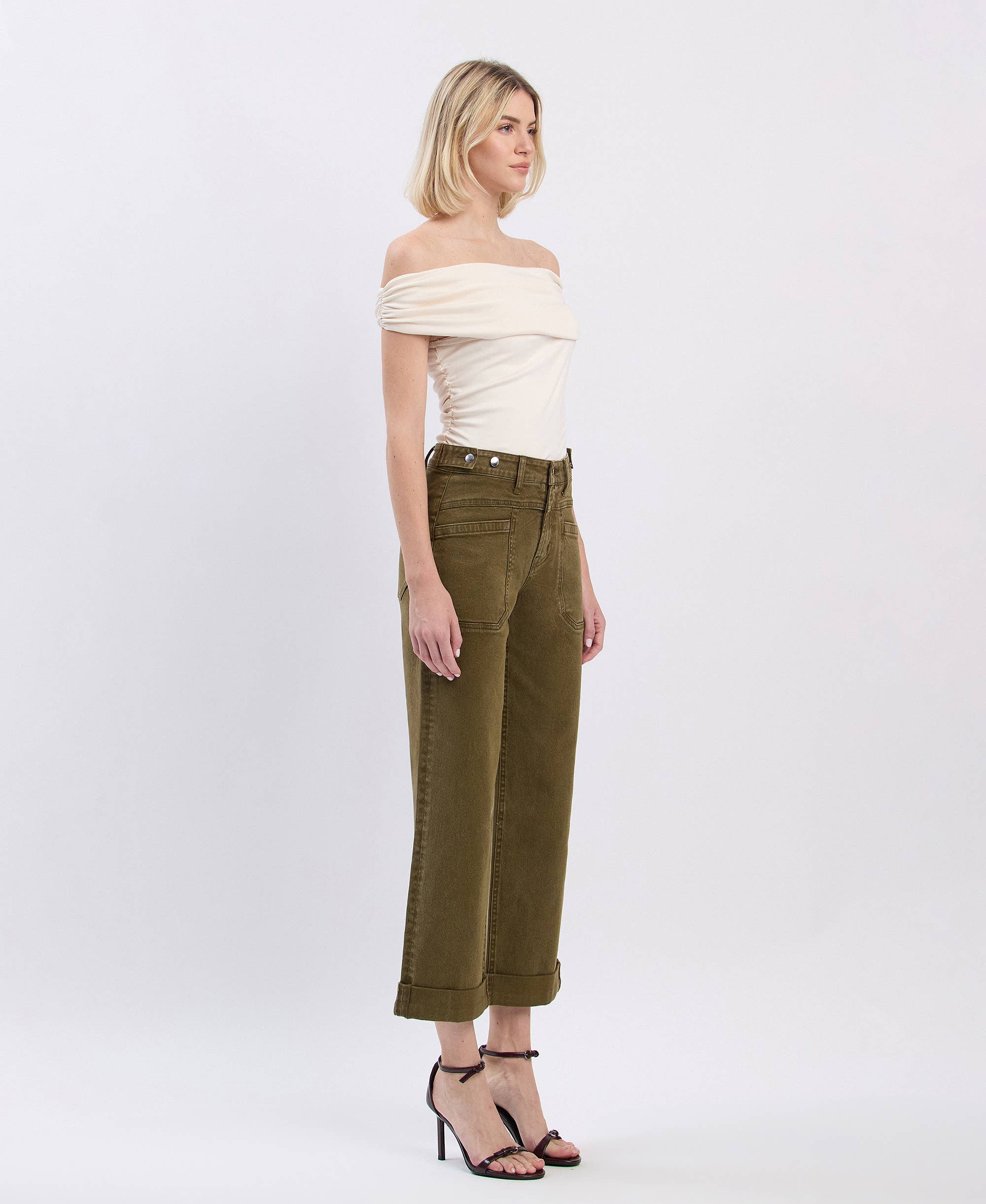DARK OLIVE HIGH RISE TAB WAISTBAND CUFFED SLIM WIDE JEANS F5920DOL for wholesale on Faire7