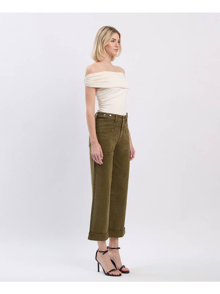 DARK OLIVE HIGH RISE TAB WAISTBAND CUFFED SLIM WIDE JEANS F5920DOL for wholesale on Faire7
