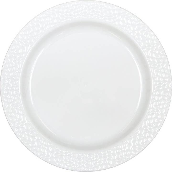 Piatto rotondo in ciottoli bianchi con bordo martellato, confezione da 120 per la vendita all'ingrosso da parte di KT Supply