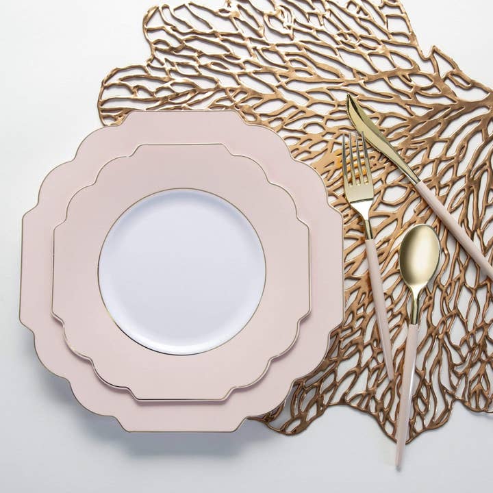 Luxe Party - Wholesale Disposable Plate - Scalloped Blush • Gold Plastic Plates | 10 Pack