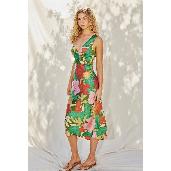 IBIZA GARDEN Moonstruck Satin V Neck Midi Dress for wholesale on Faire