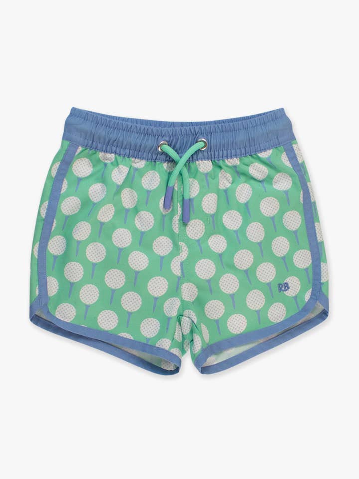 Green Boys Tee Time Dolphin Hem Swim Trunks for wholesale on Faire