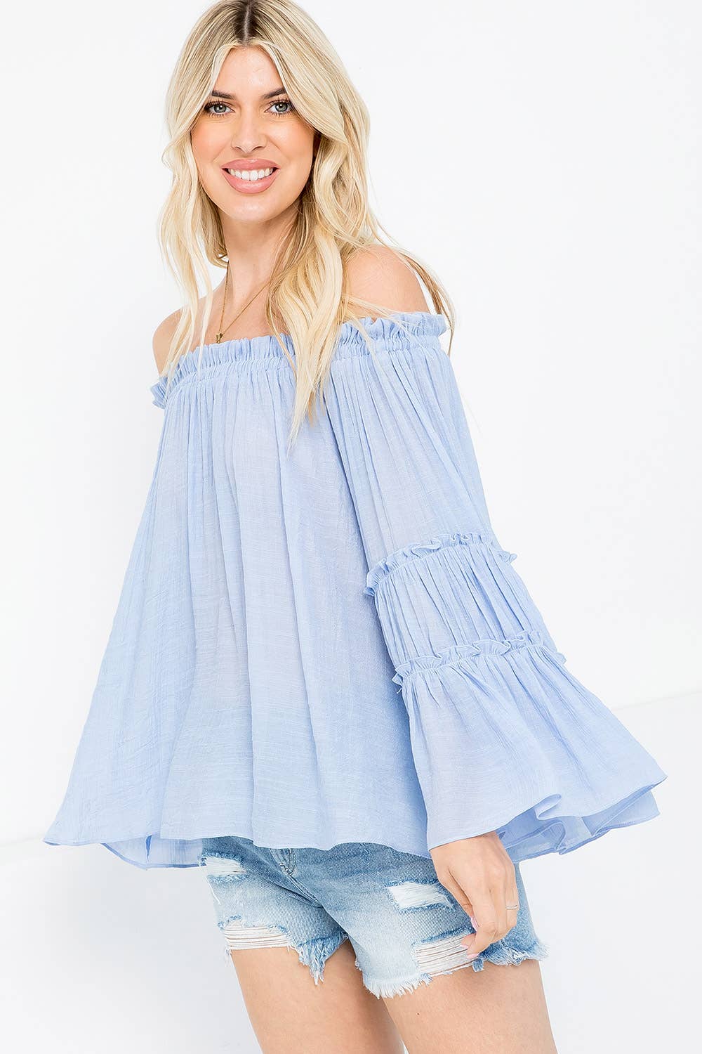 Sweet Lovely by Jen - Wholesale Blouse – Women’s - TIERED BELL SLEEVE  OFF SHOULDER TOP15