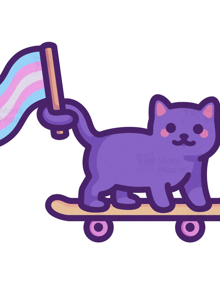 Cute Trans Pride Sticker | Trans Flag Cat on Skateboard for wholesale by Mona Mauve • Silly Art!