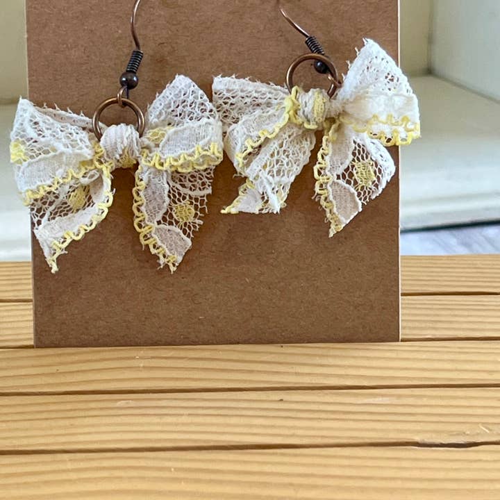 Lace Bow Earrings Yellow and White for wholesale by Open Window Studios
