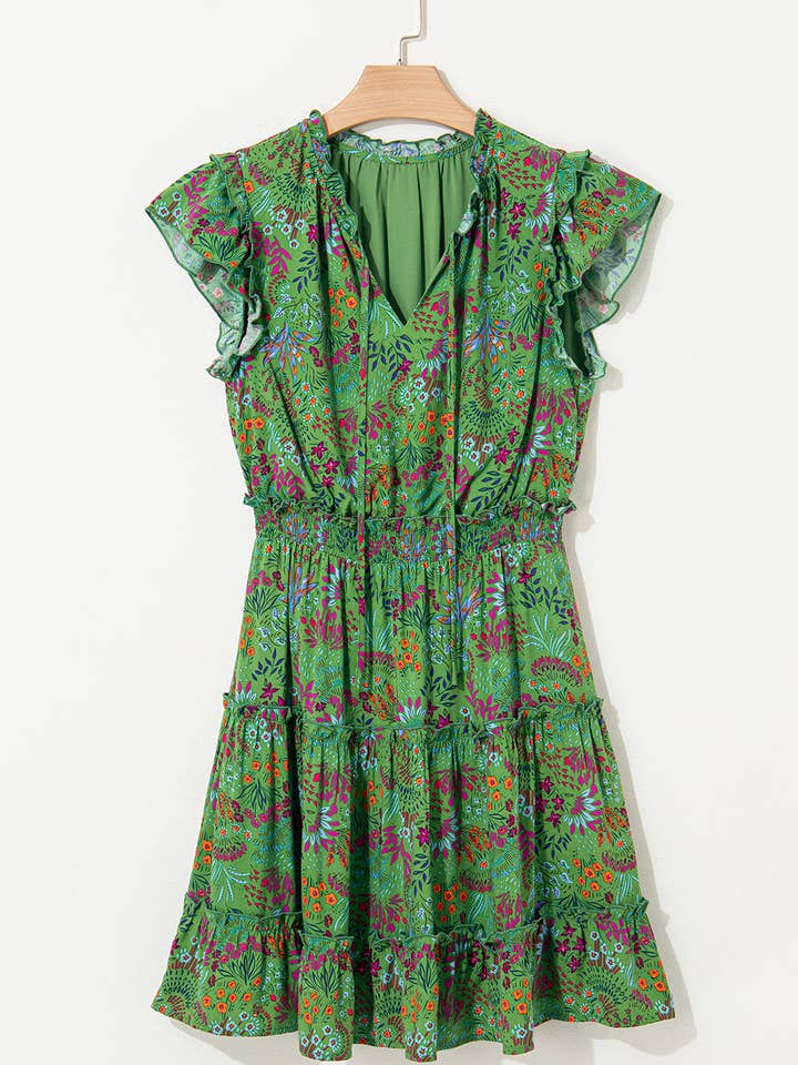 Green Floral Tie Split Neck Frilly Ruffle Trim Tiered Short Dress for wholesale on Faire5