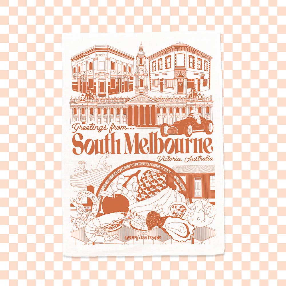 Off white Greetings from South Melbourne Tea Towel for wholesale on Faire1