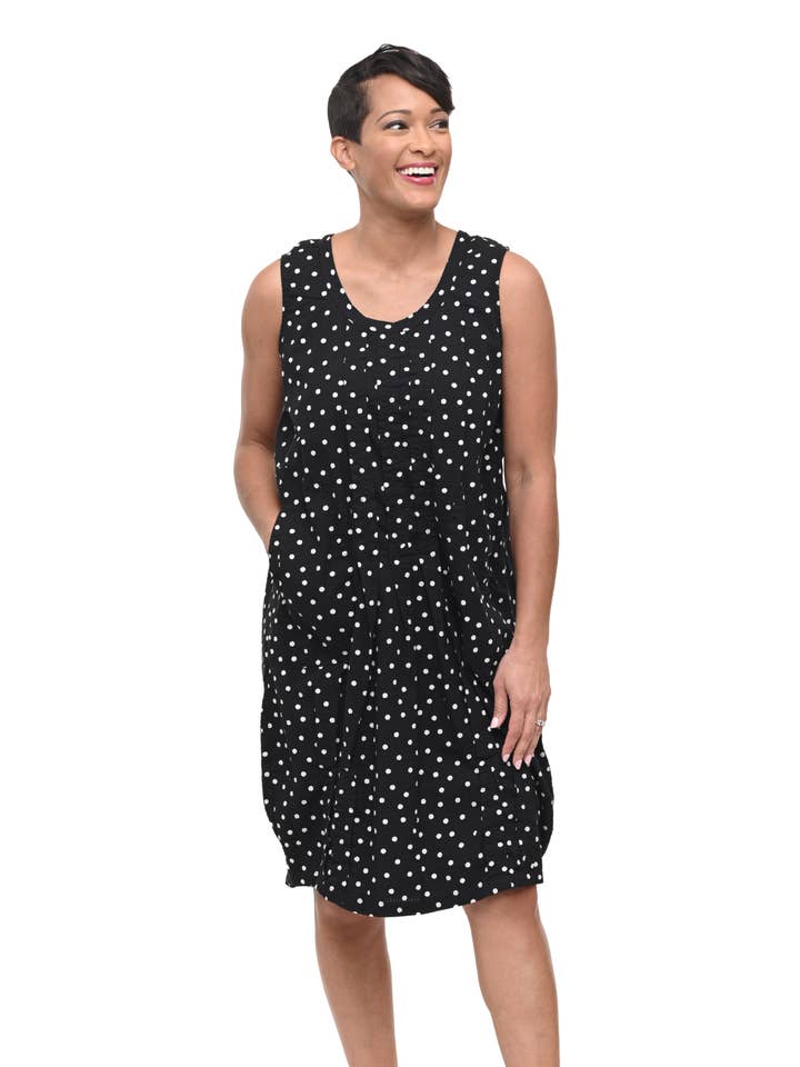 CV177 Santa Fe Dress in Black White Seersucker Dot for wholesale by Tulip Clothing