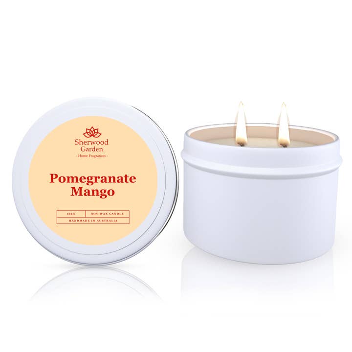 Pomegranate Mango Soy Candle Tin 165g for wholesale by Sherwood Garden Home Fragrances