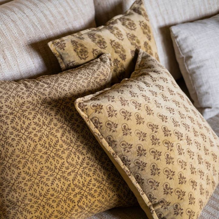 Vintage yellow velvet sofa cushion for wholesale by Andrea House