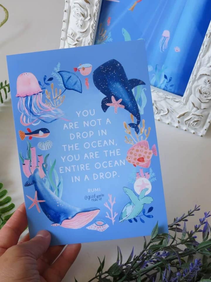 Duo Hand‑Painted Ocean Life Art Prints with Rumi Quote • Under the Sea Marine Wall Decor • Watercolor & Gouache Sea Creature Pair of Print for wholesale by glad you're here co