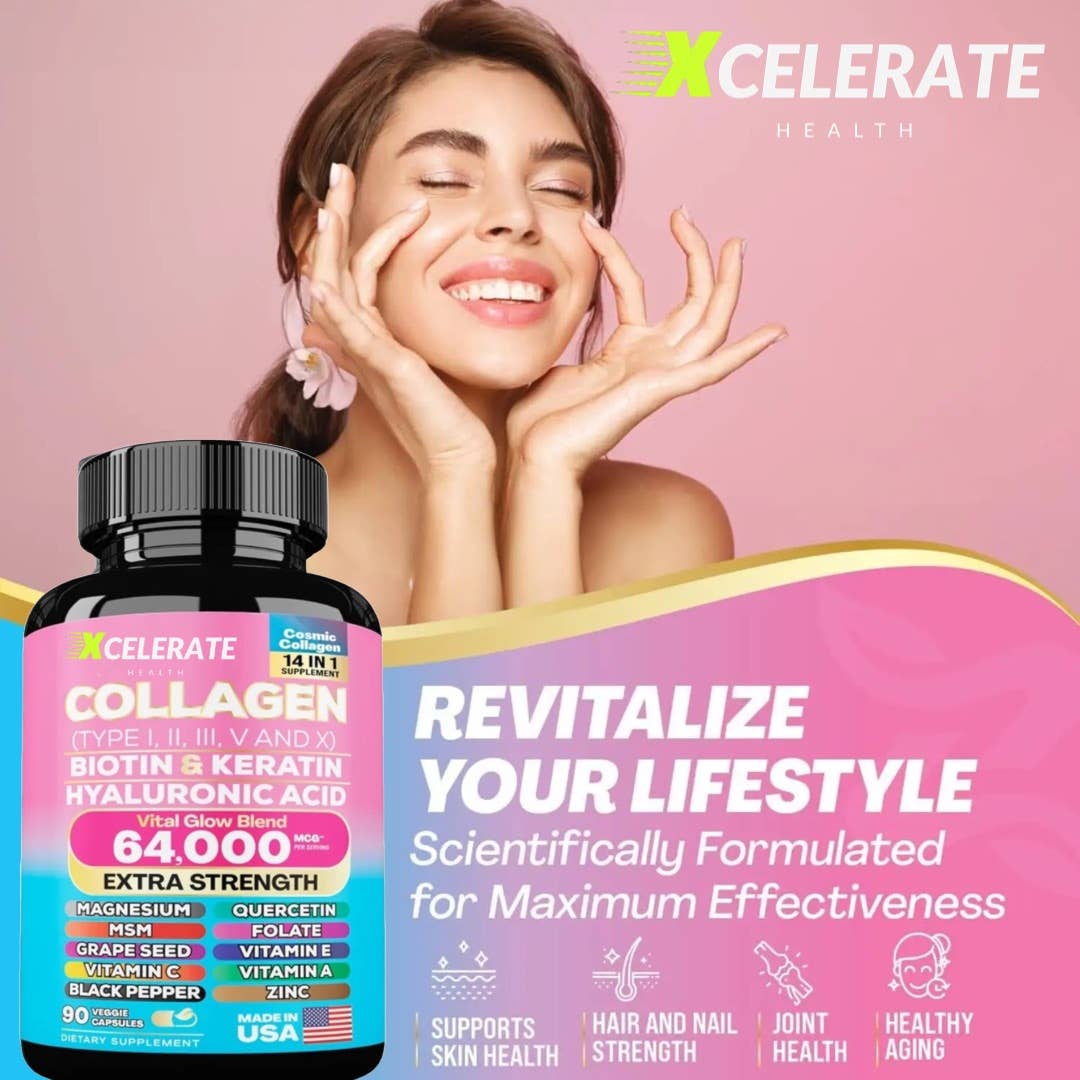 Xcelerate Health - Wholesale Oral Supplement/Vitamin - Collagen with Biotin & Keratin Vital Glow Blend for Healthy Skin and Hair Health All In 1 Supplement1