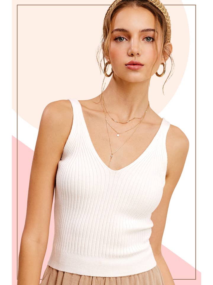 La Miel - Vendita all'ingrosso Top in maglia - Donna - Top crop senza maniche a costine con scollo a V morbido2